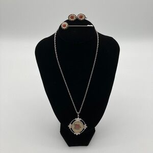 Vintage 1950s Petit Point Red Rose Jewelry Set: Necklace, Earrings & Stick Pin